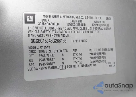 2008 Chevrolet Silverado Lt2 z USA, uszkodzony, nr VIN 3GCEC13J48G288166